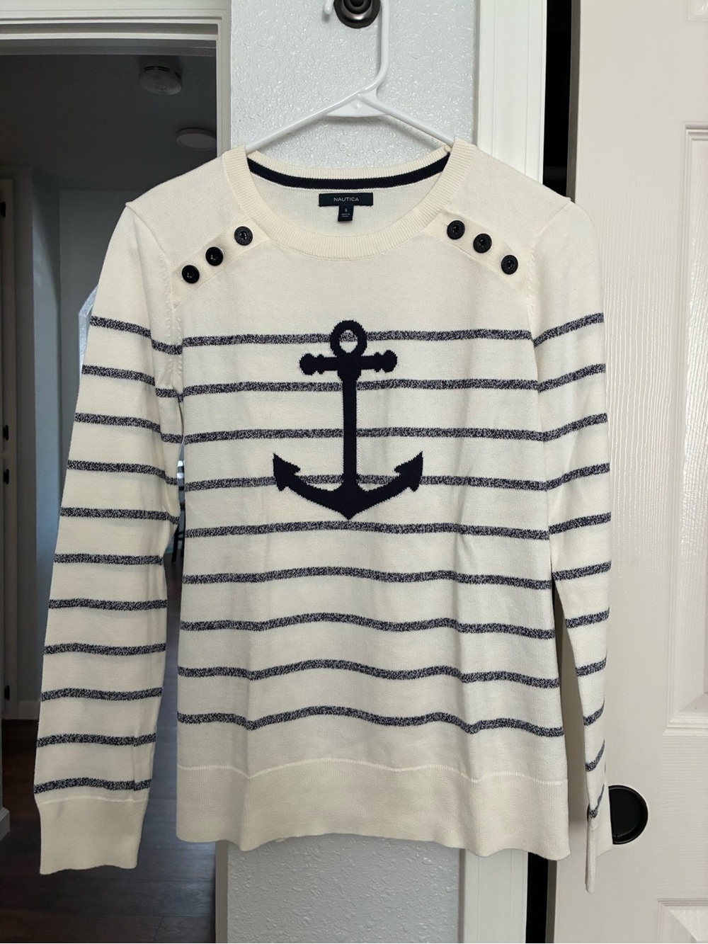 Nautica Cream Sweater with Navy Stripes & Anchor